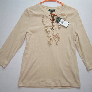 NWT Ralph Lauren Jeans Women’s Sz L Shirt Top Ruffle Lace Up Front 3/4 Sleeve